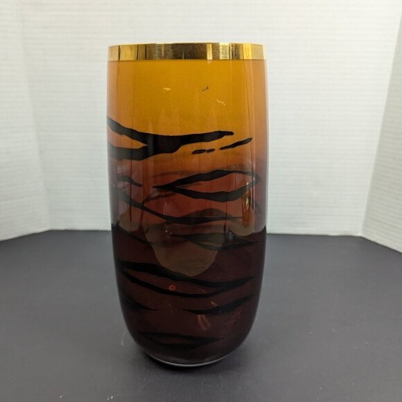 BOHEMIA Crystal Vintage Tiger Stripe Amber Black Gold Vase - Picture 4 of 10